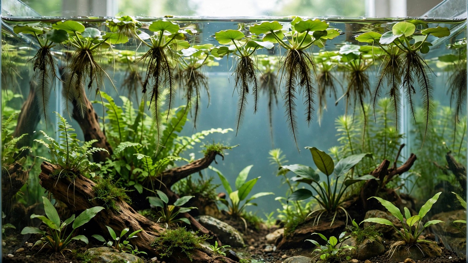 Amazon frogbit rosettes with long dangling roots floating on an aquarium surface