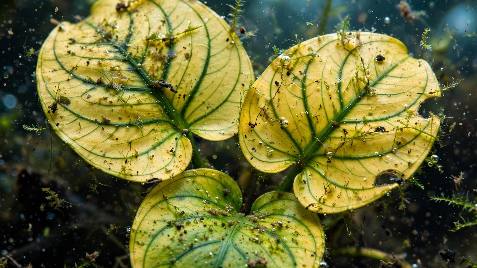 Anubias plant with yellowing leaves tied to driftwood in an aquarium