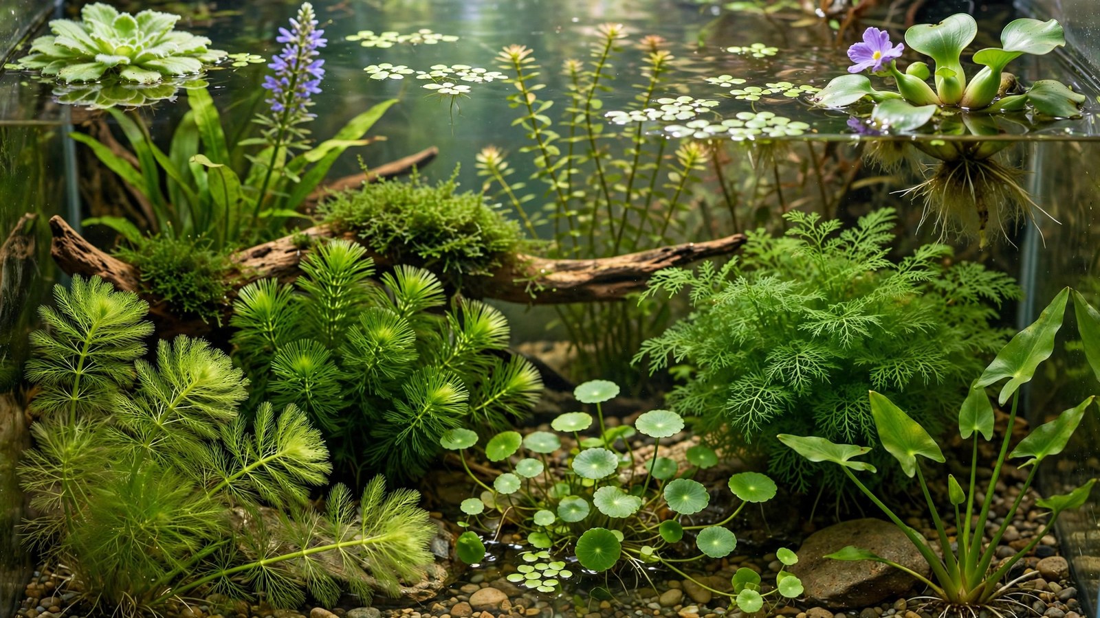 Garden pond with flowering water sprite and vallisneria growing at the margins