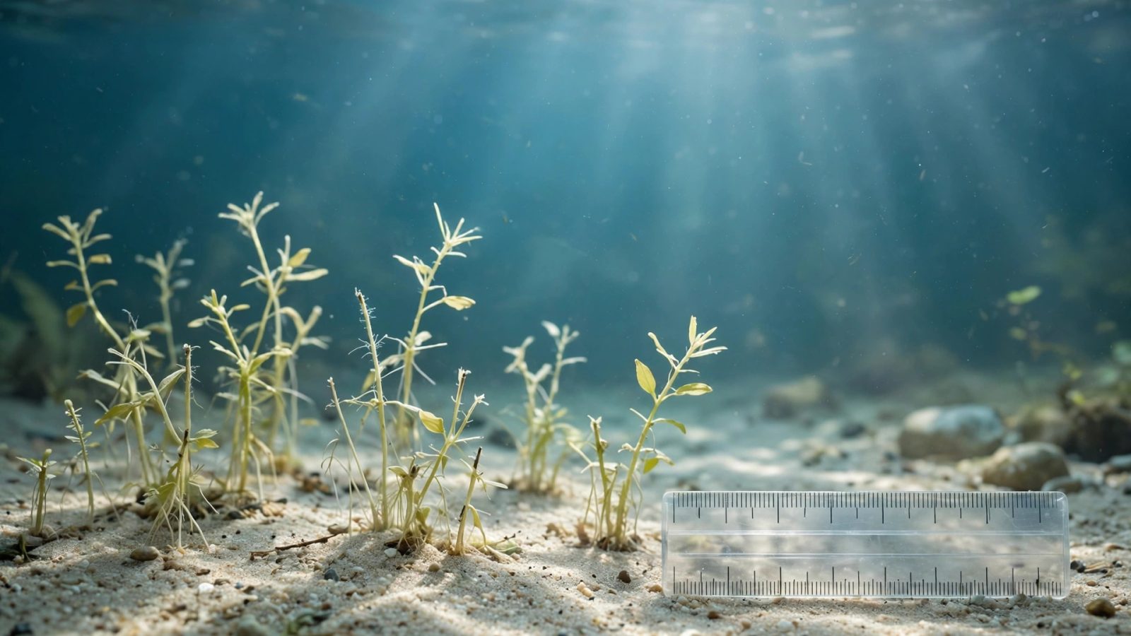 Small stunted pale aquarium plants with sparse leggy growth in substrate
