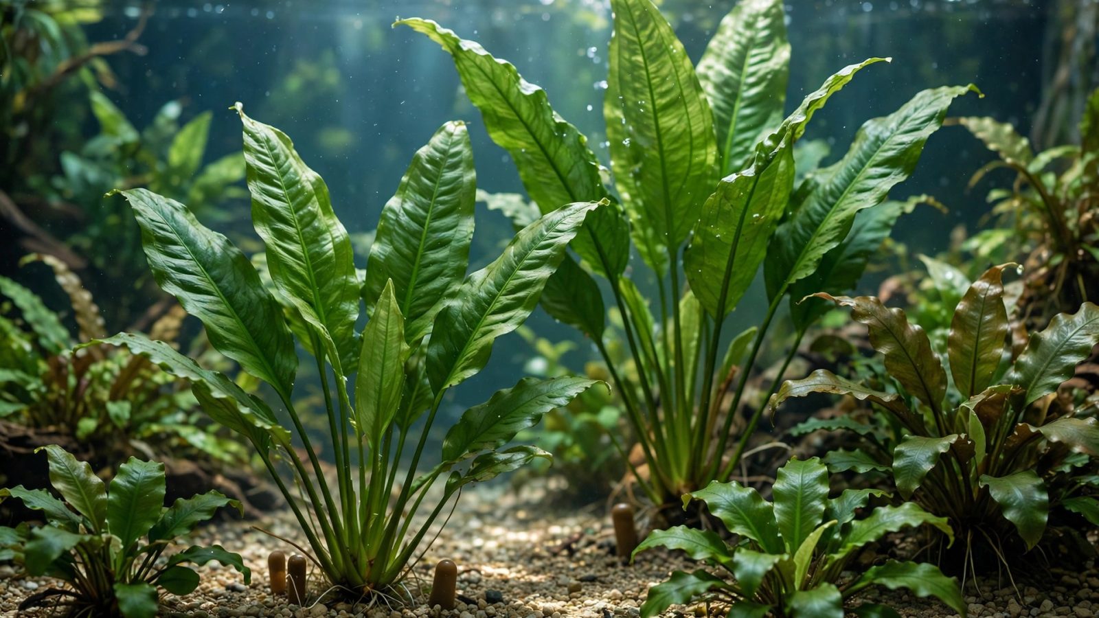 Amazon swords and cryptocoryne thriving in plain gravel substrate