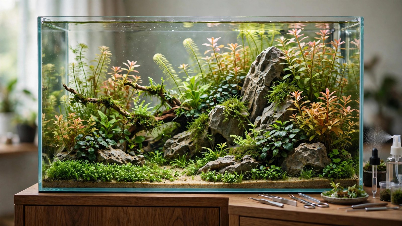 Contest-ready aquascape with valley layout photographed in a dark room for competition entry