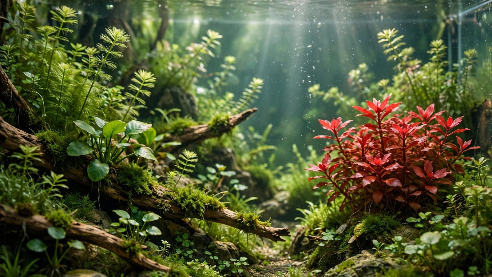 Aquascape with a red plant group as focal point among green plants