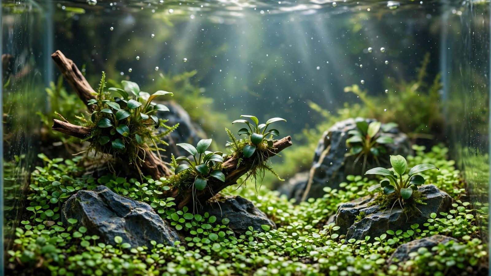 Tiny nano aquascape with small-scale anubias nana petite and dwarf baby tears