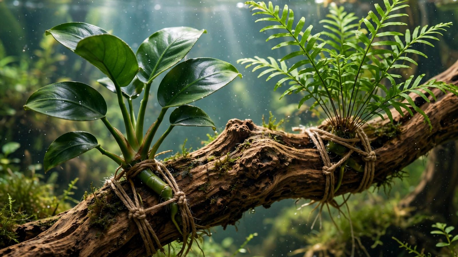 Close-up of anubias rhizomes tied with thread to a driftwood branch