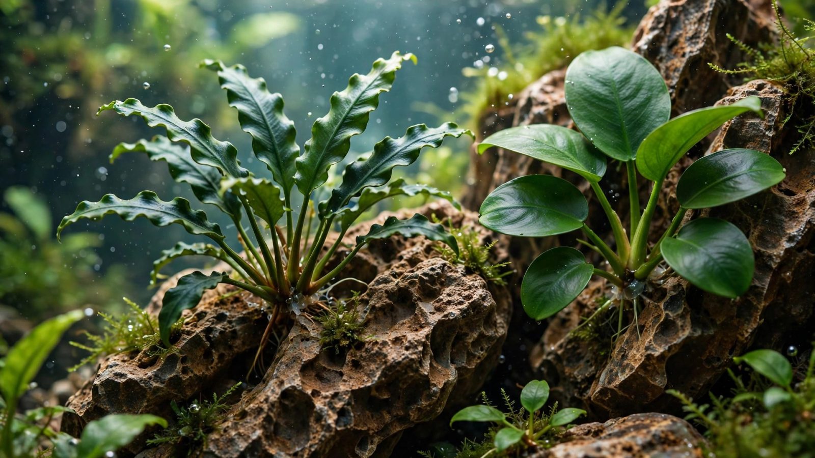 Bucephalandra and anubias attached to textured dragon stone rocks