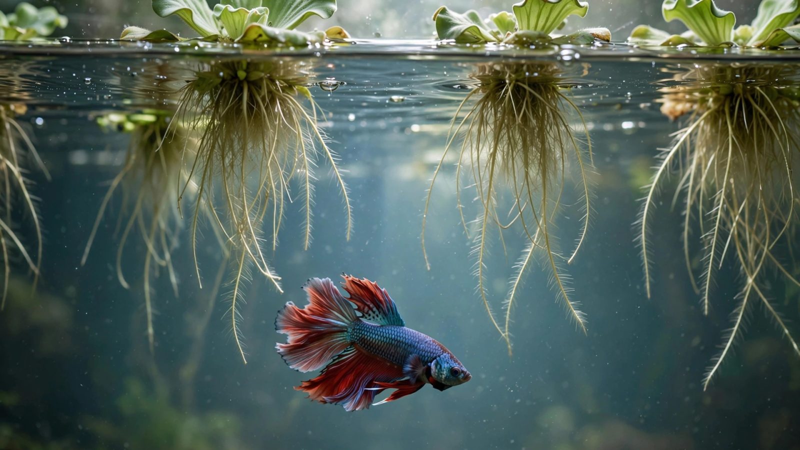 Floating aquarium plants covering the water surface of a betta fish tank