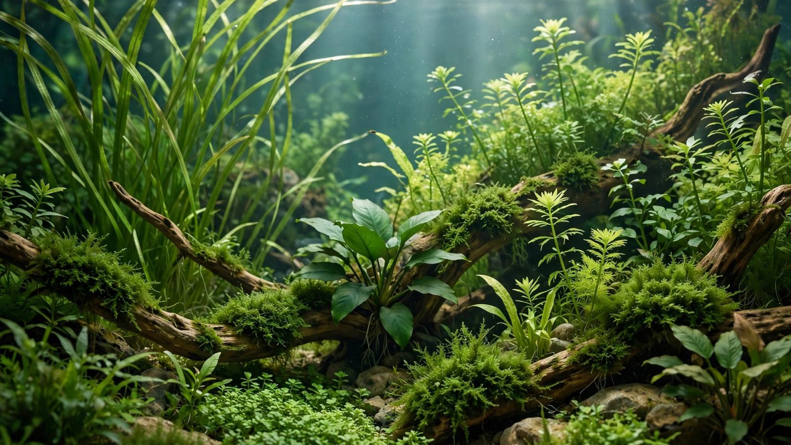 Vibrant healthy aquarium plants with vivid green leaves in crystal-clear water