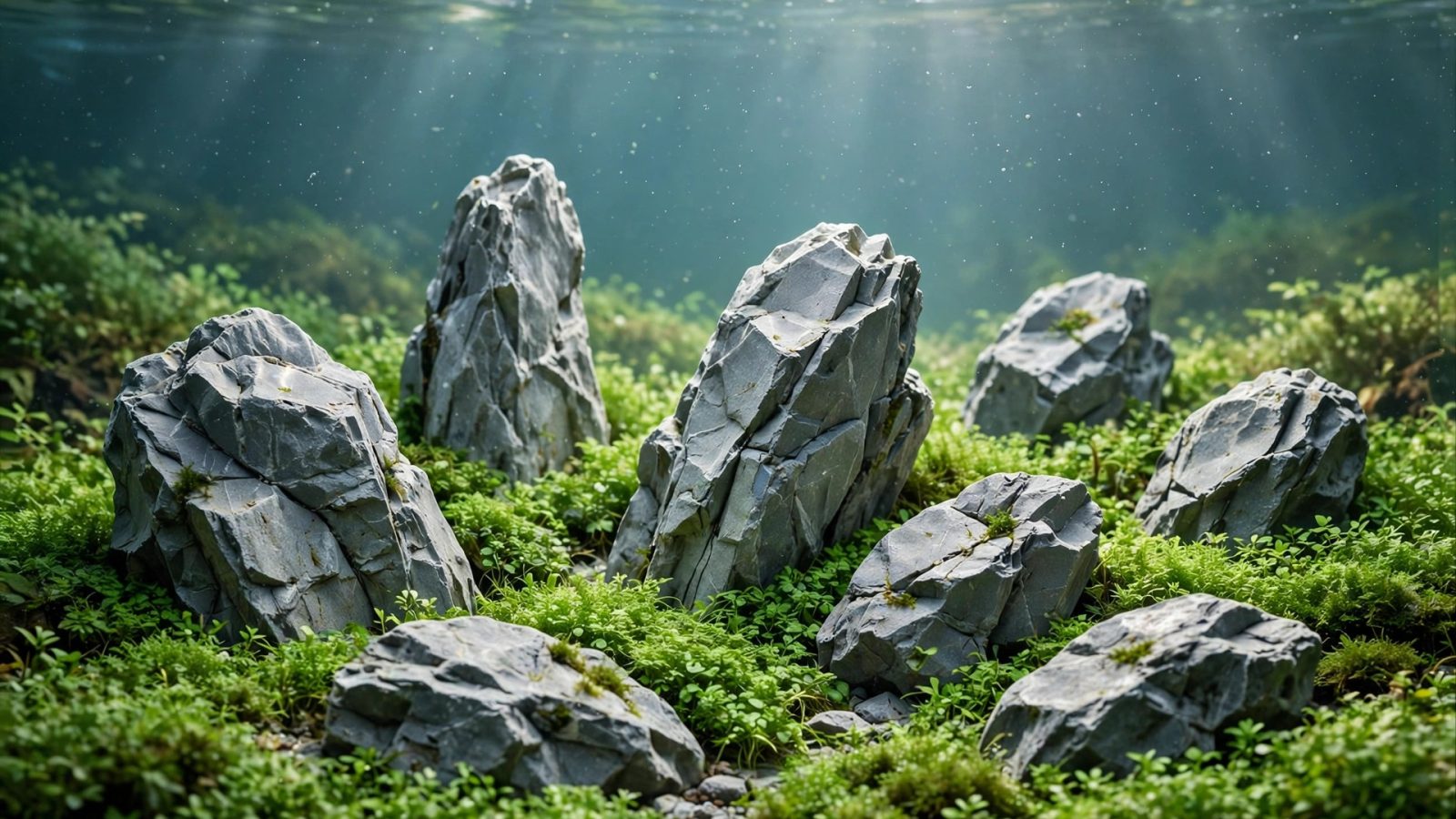 Iwagumi aquascape with gray seiryu stones among green carpeting plants