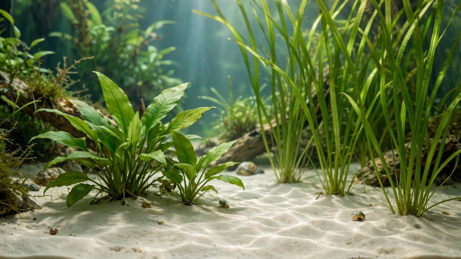 Aquarium with light sand substrate, sword plants and vallisneria