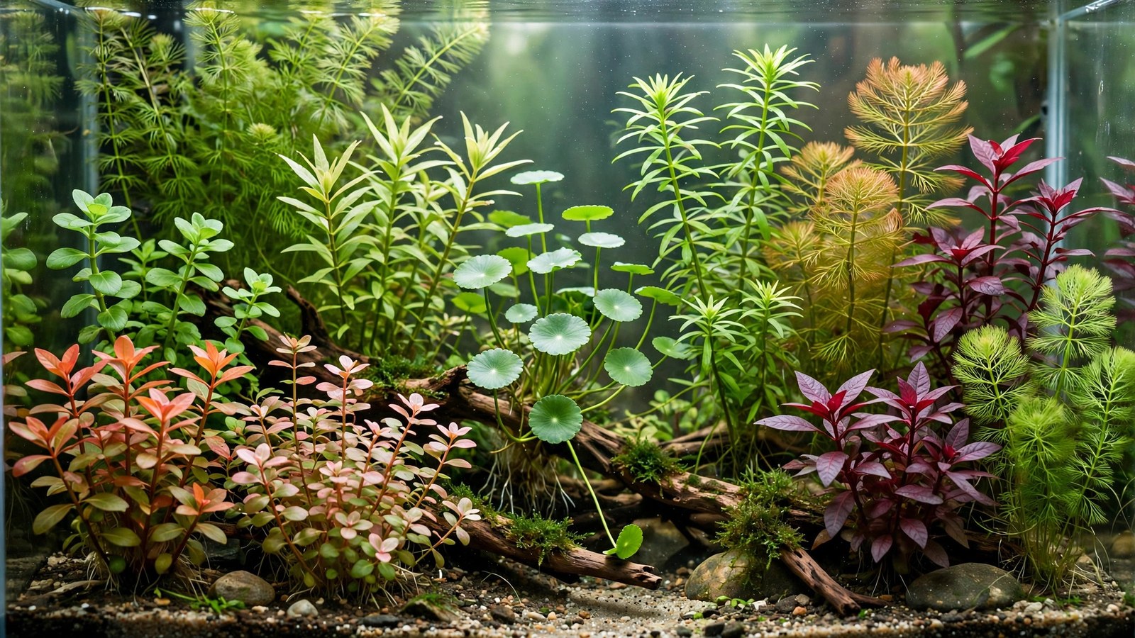 Lush aquarium background planted with colorful beginner stem plants like rotala and ludwigia