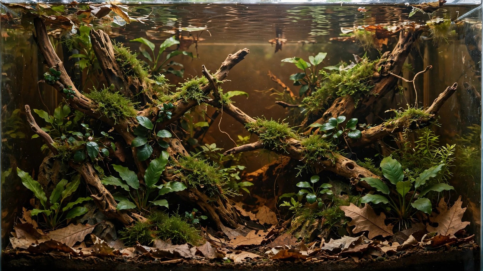 Blackwater aquascape with tannin-tinted water, driftwood roots, leaf litter, and cardinal tetras