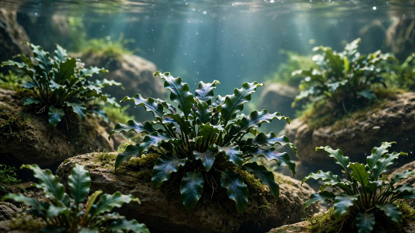 Dark green bucephalandra with small wavy leaves attached to aquarium rocks