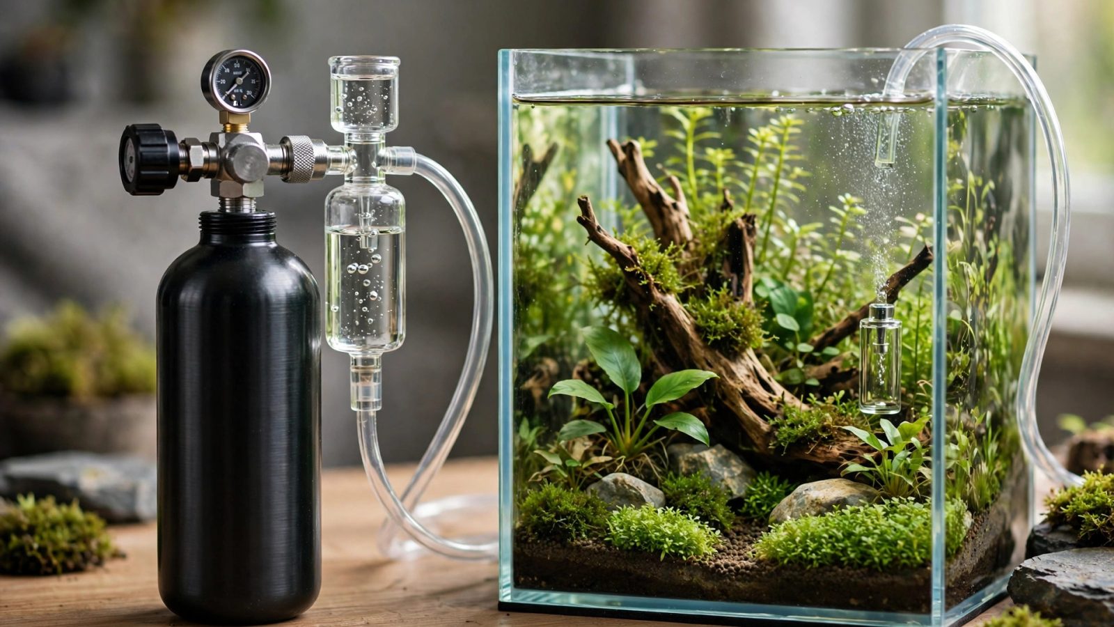 Small CO2 cylinder with regulator and bubble counter beside a planted nano aquarium