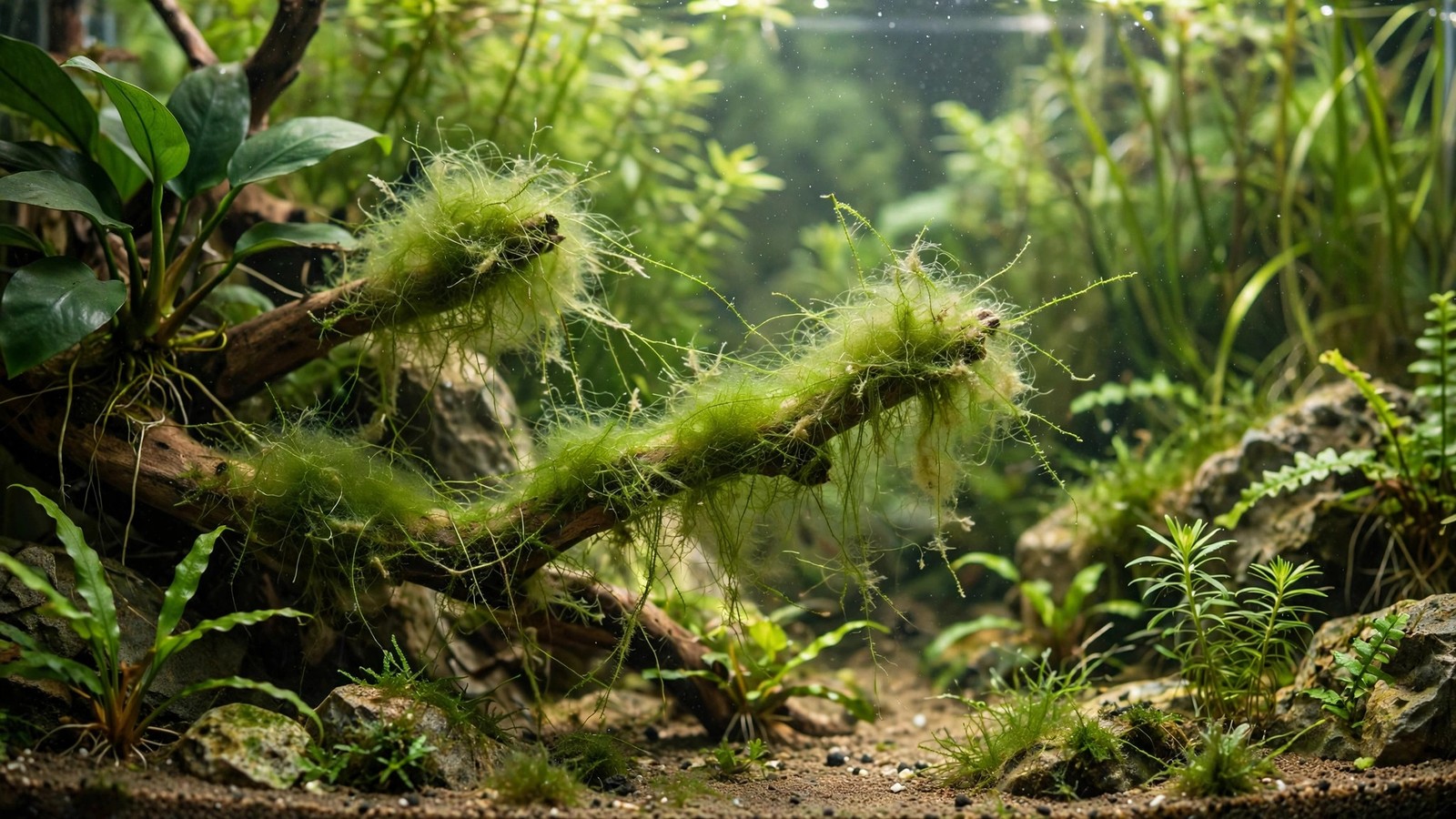 Wiry branching cladophora algae tufts growing on aquarium driftwood