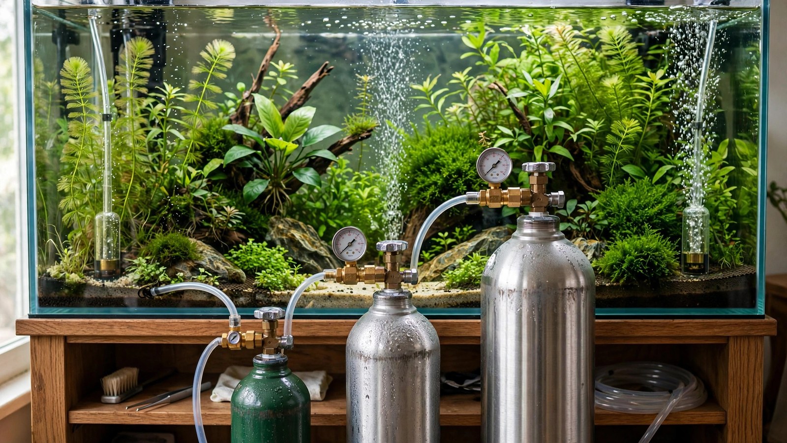 Aluminum CO2 cylinders in 5 lb and 20 lb sizes beside a planted aquarium