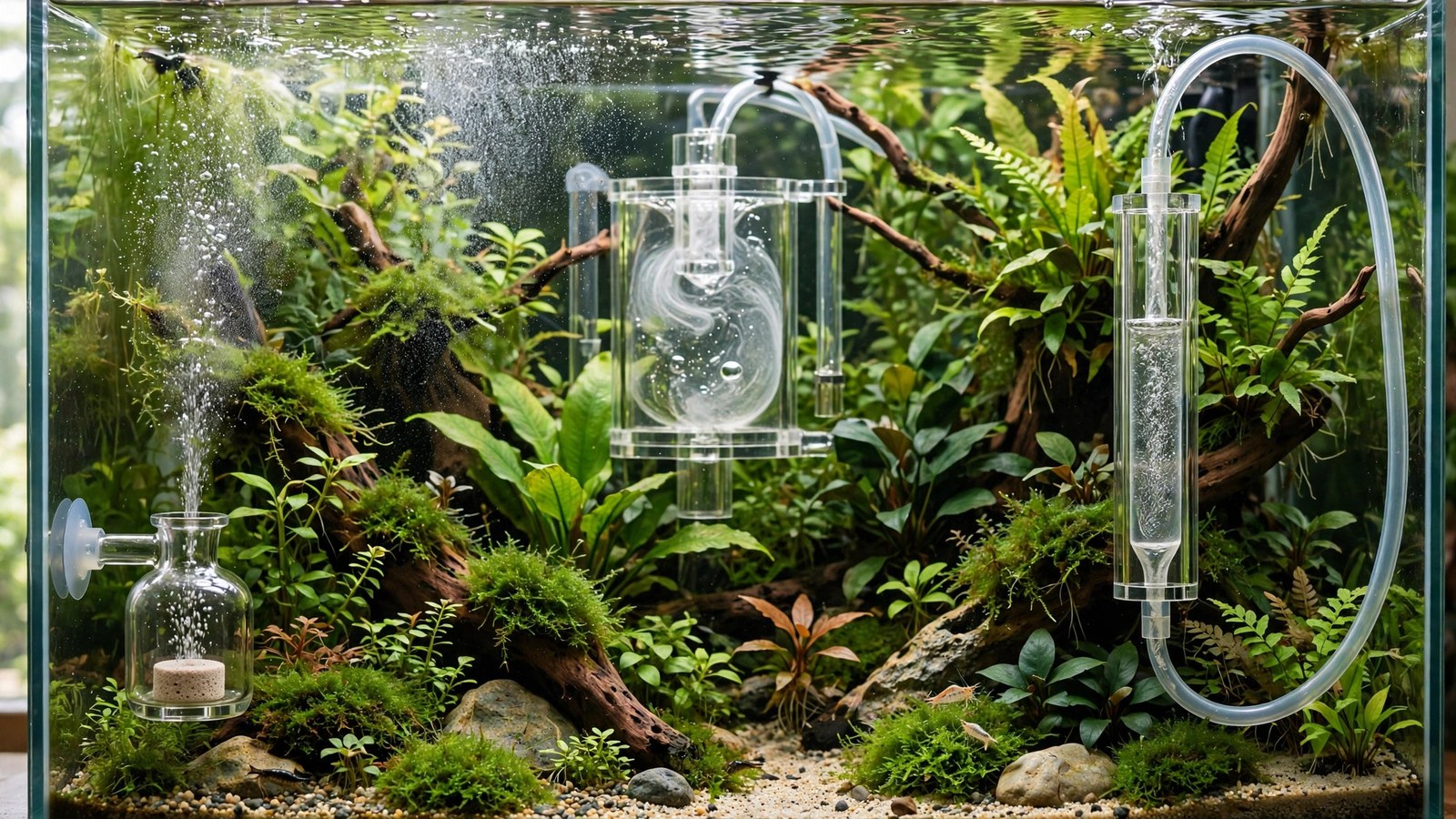Fine CO2 mist rising from a glass diffuser beside an inline reactor diagram