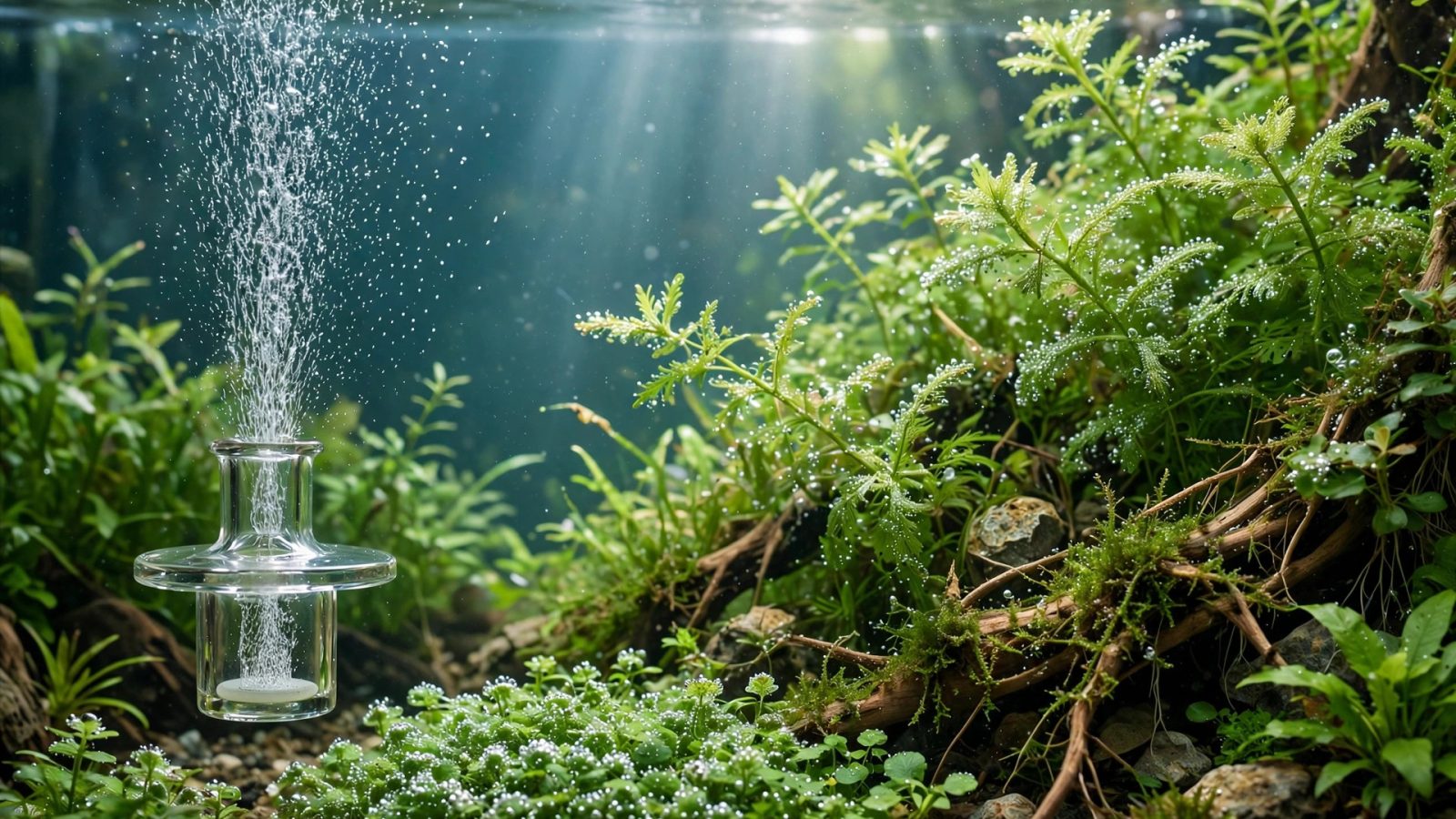 Glass CO2 diffuser releasing fine bubbles beside lush pearling aquarium plants