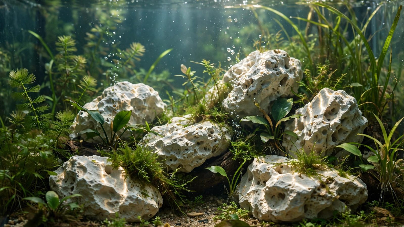 Planted aquarium with pale limestone rocks among green aquatic plants