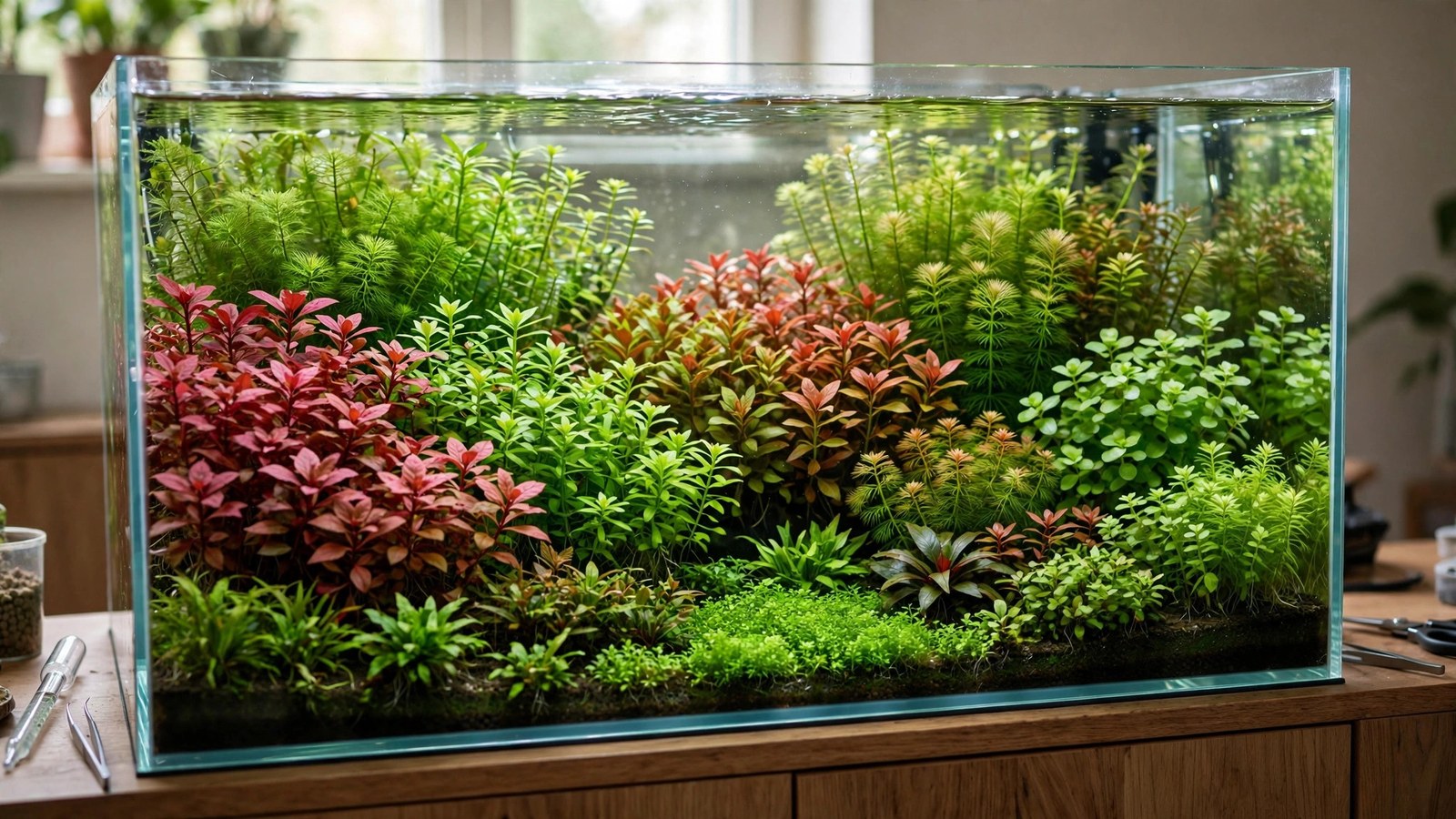 Dutch-style aquascape with terraced streets of red and green stem plants