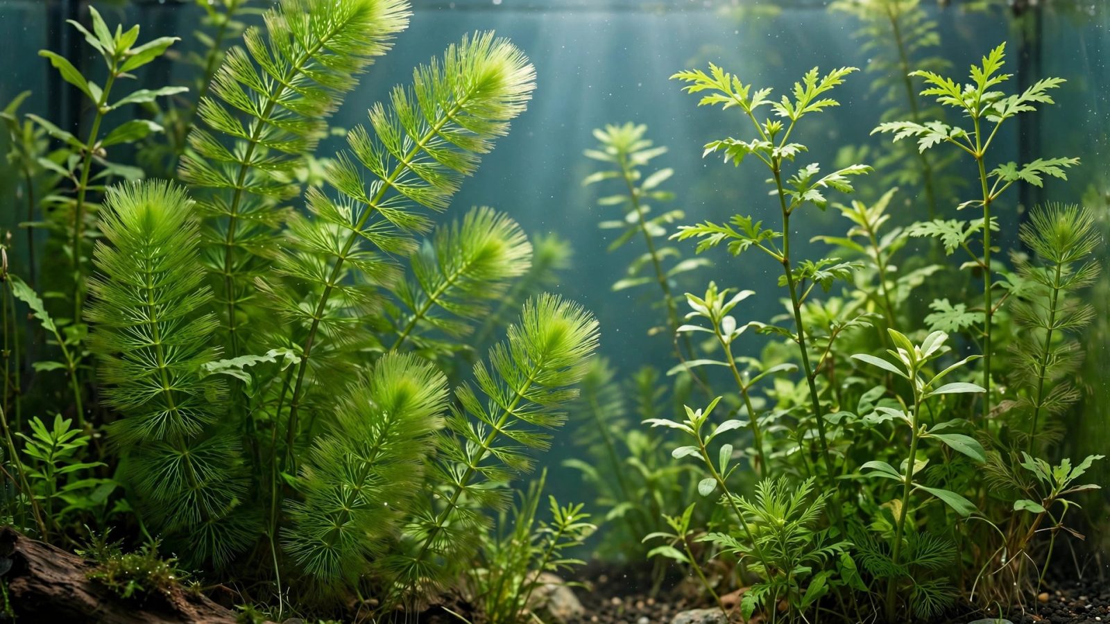 Newly planted aquarium with fast-growing hornwort and water wisteria stems
