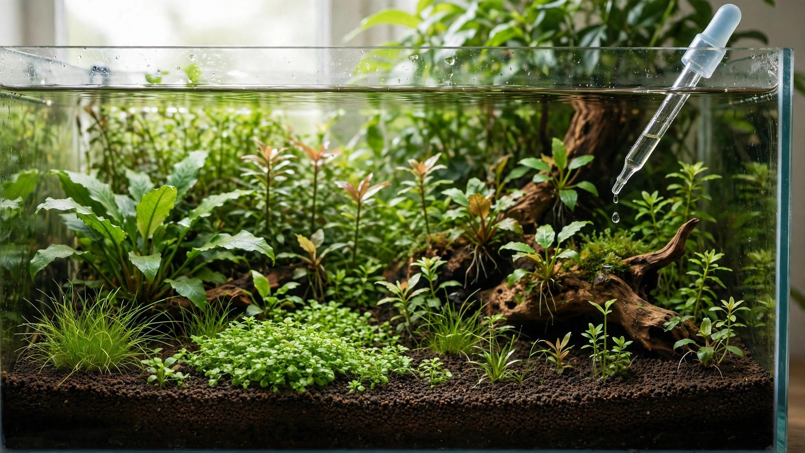 Newly set up aquarium with fresh aquasoil substrate and young plants