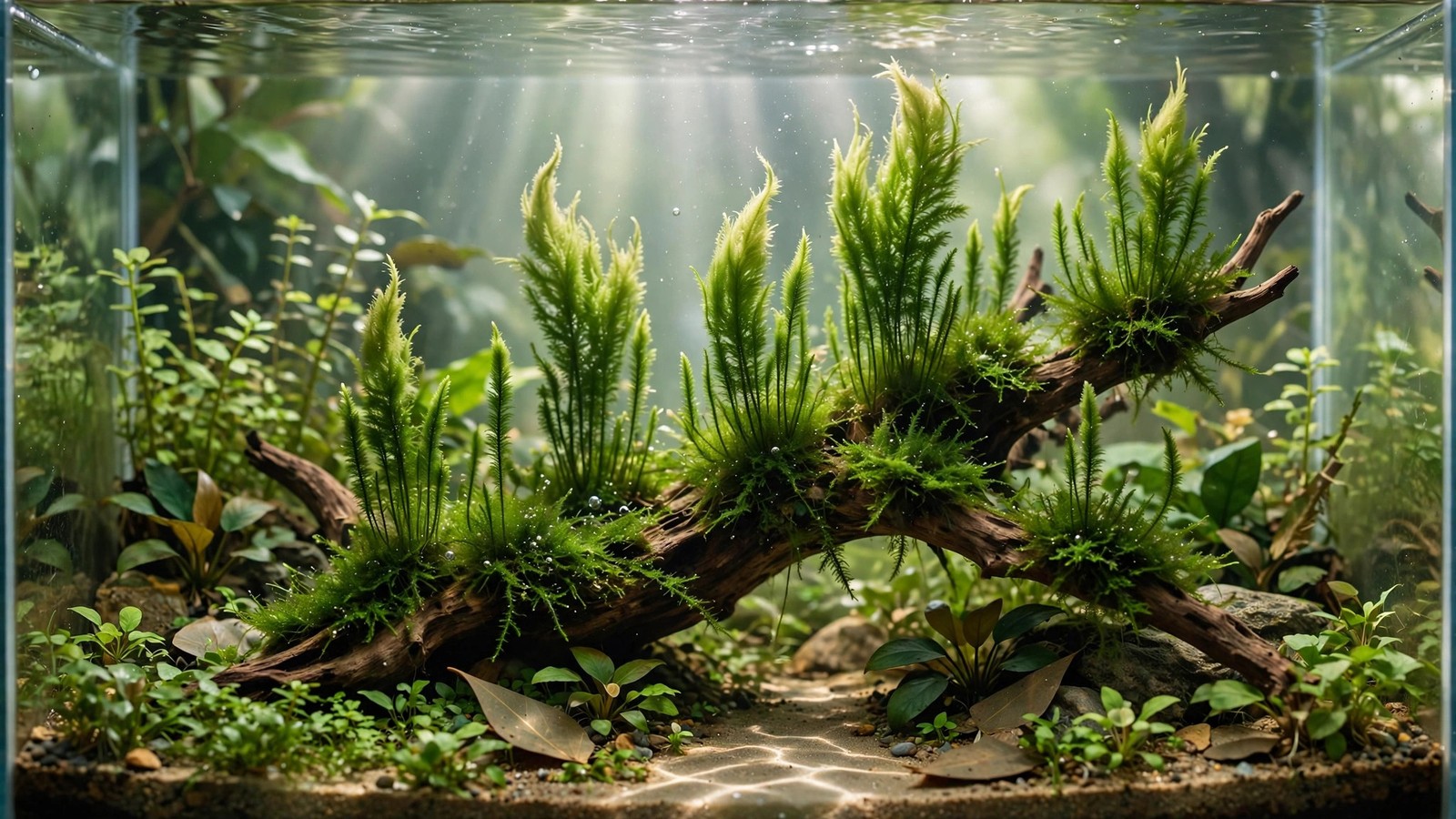 Flame moss with upward spiraling fronds growing on a rock in a planted aquarium