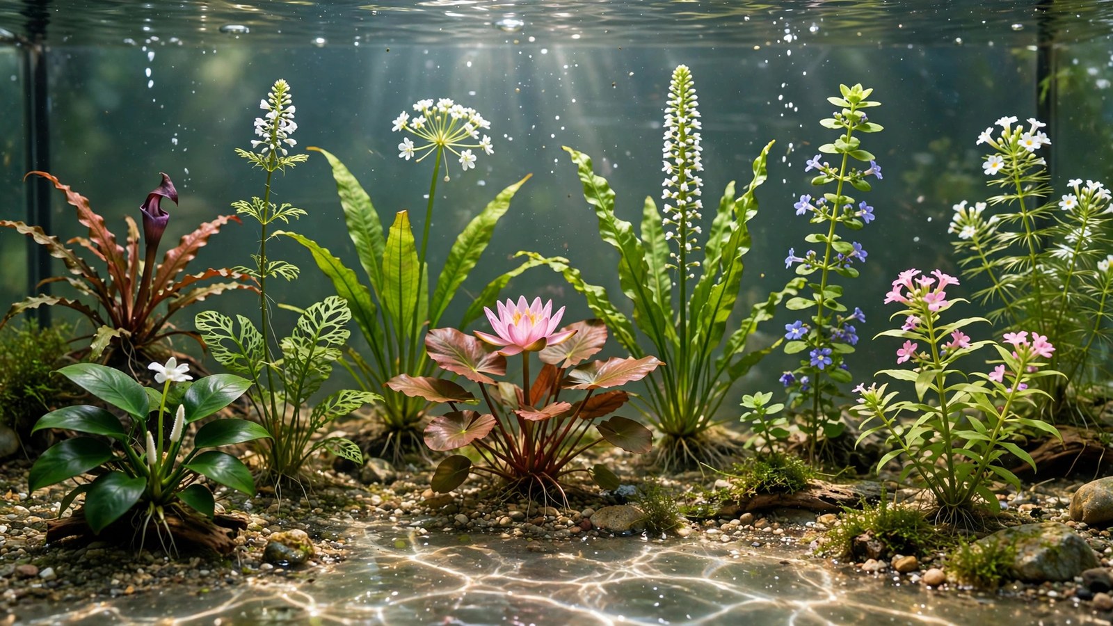 White aponogeton flower spike blooming above the water in an open-top aquarium