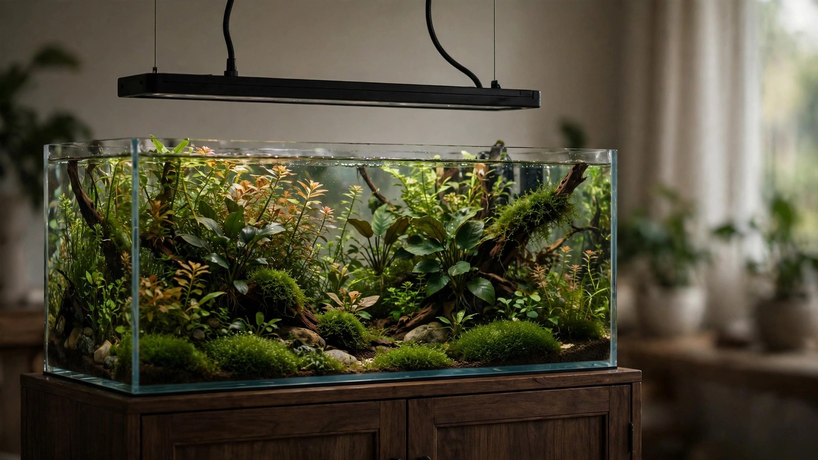 LED aquarium light suspended on cables above an open-top planted tank