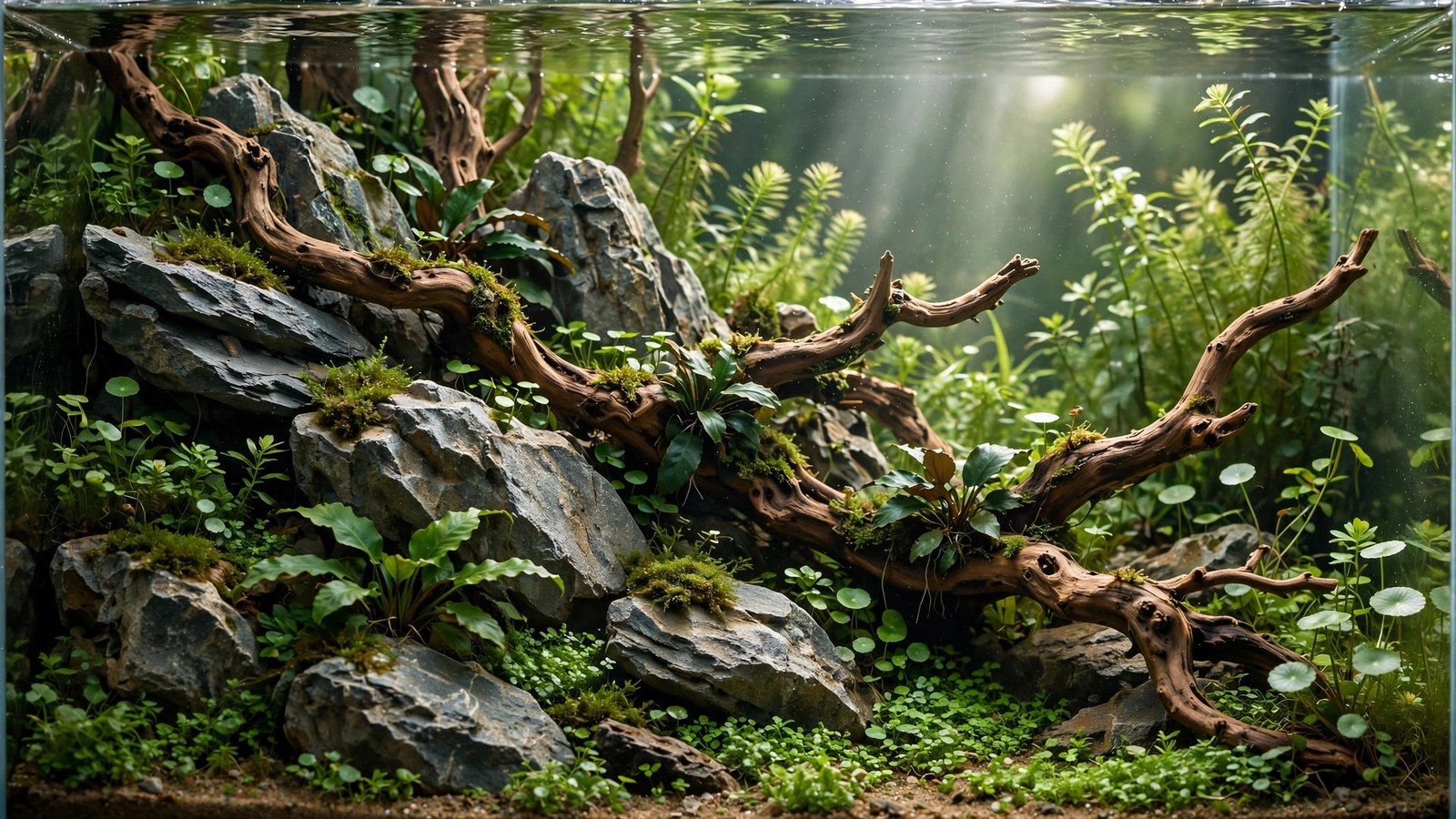 Aquascaper arranging driftwood and stone hardscape in an empty tank before planting