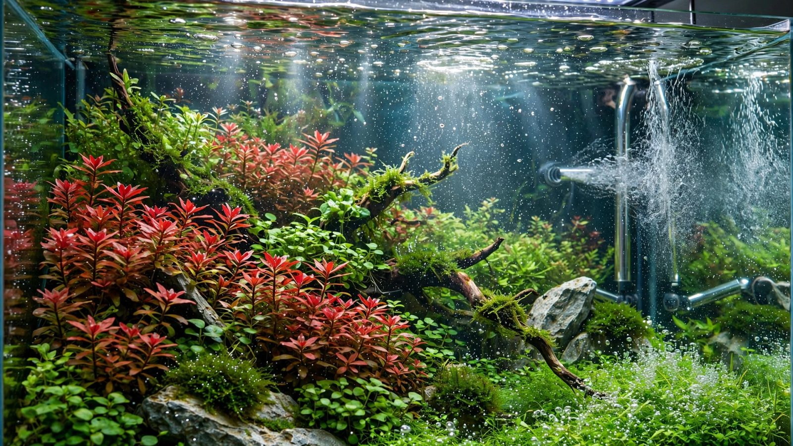 High-tech aquascape with red and green plants and fine CO2 mist