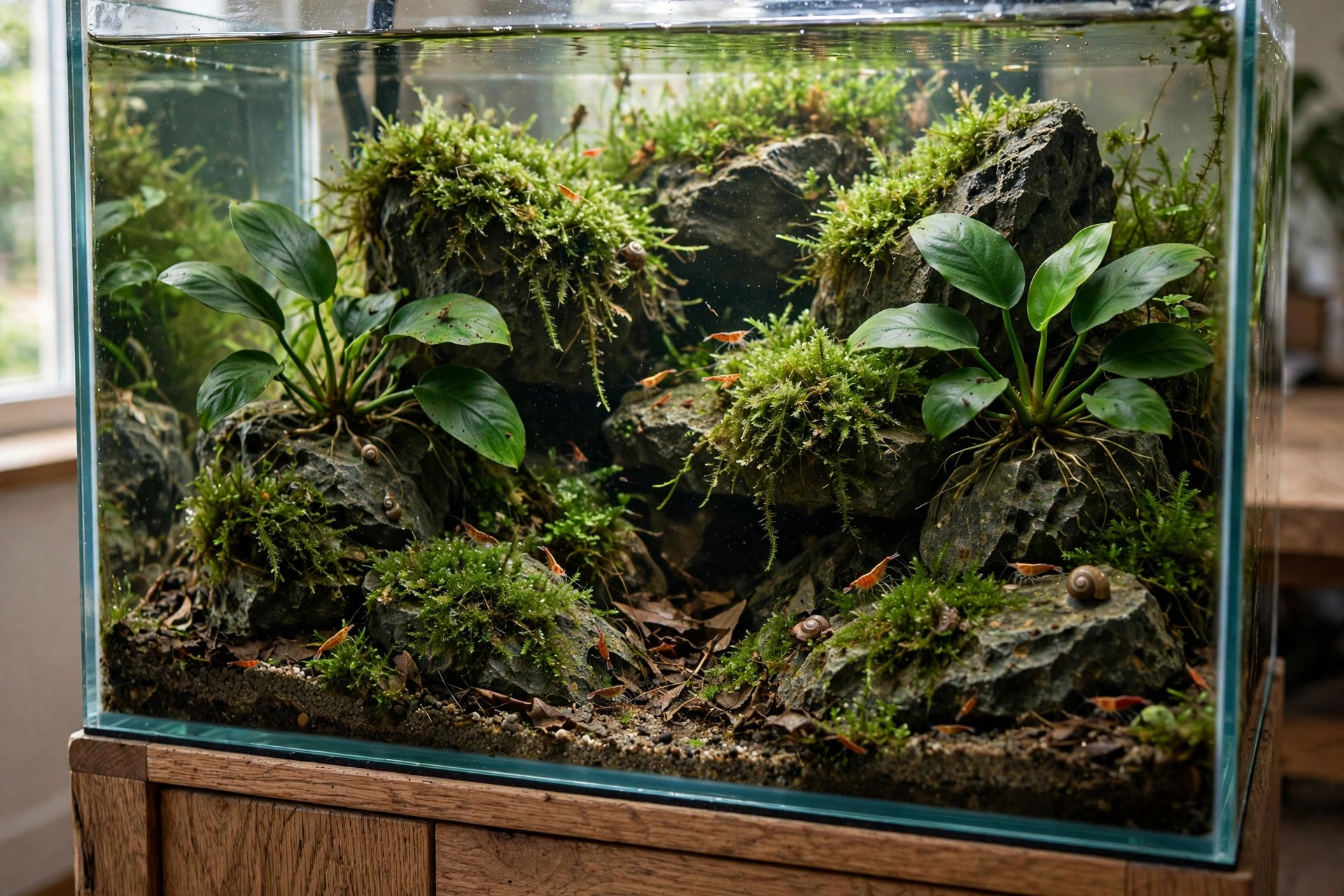 Lush planted aquarium growing without CO2 injection, low-tech setup