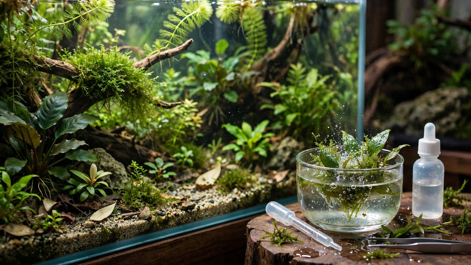 Aquarium plant being dipped in diluted hydrogen peroxide solution