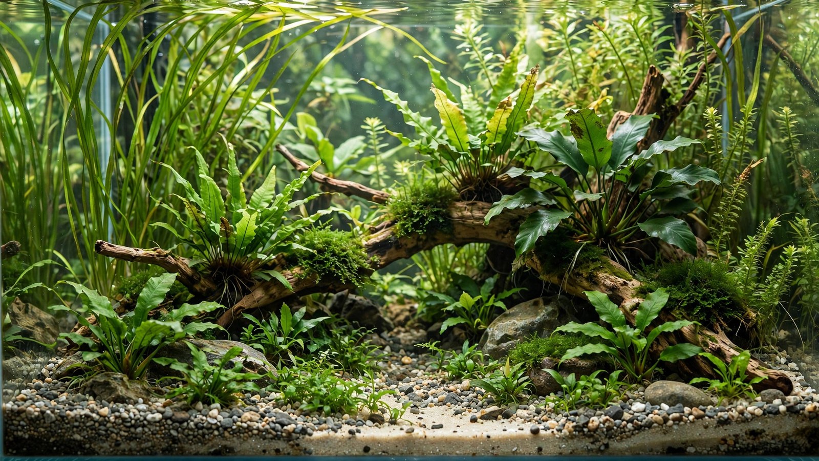 Planted aquarium with light gravel substrate showing healthy rooted aquatic plants