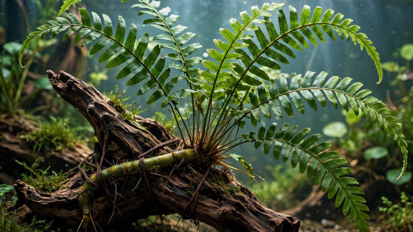 Healthy Java Fern with green leaves attached to driftwood in a planted aquarium