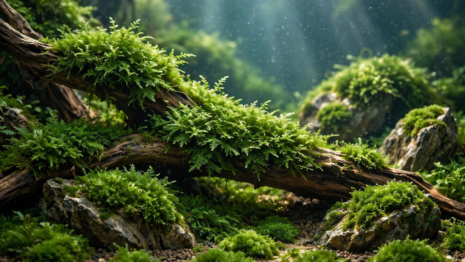 Lush green java moss carpeting driftwood and rocks in an aquarium