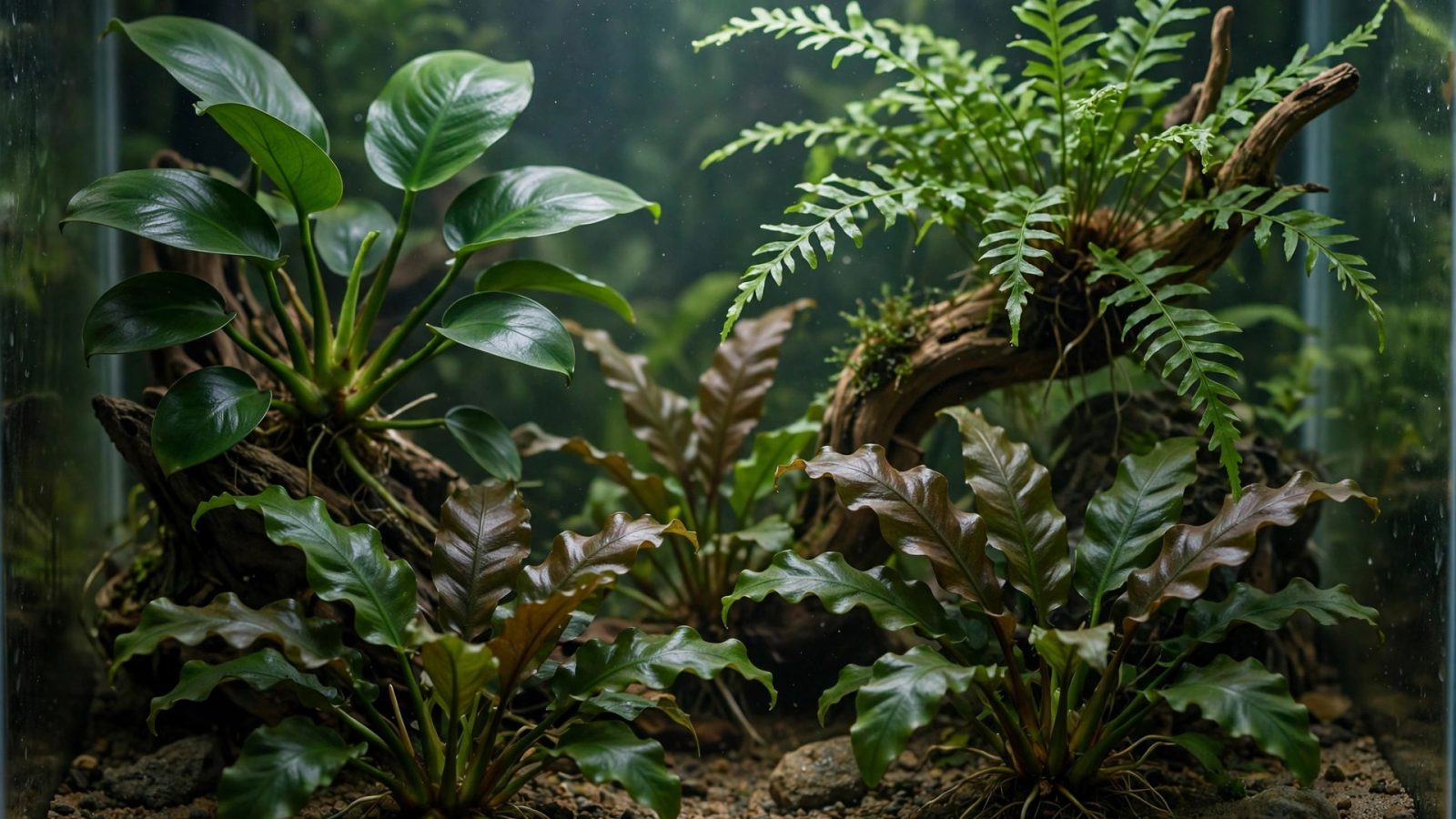 Seven low-light aquarium plants for beginners growing under a stock LED in a planted tank