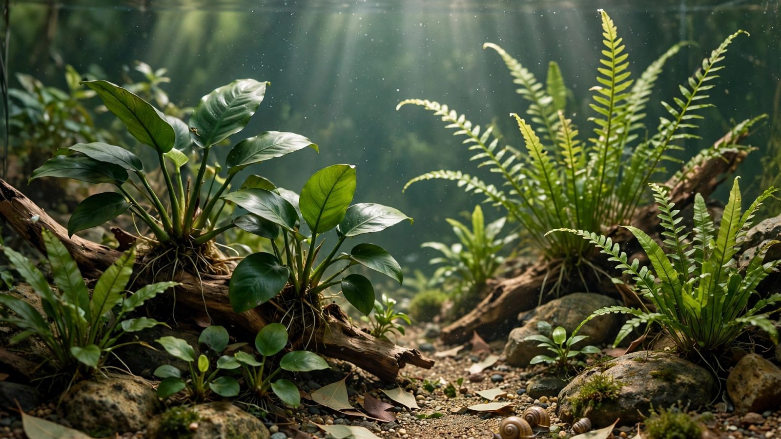 Simple low-tech aquarium with anubias and java fern, no CO2 equipment