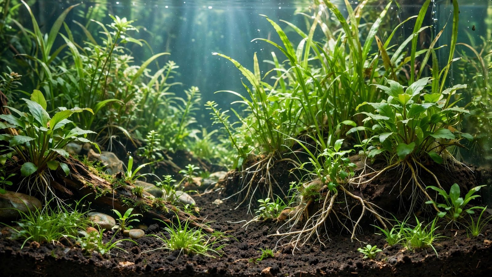 Aquarium with dark mineralized soil substrate and thriving rooted plants