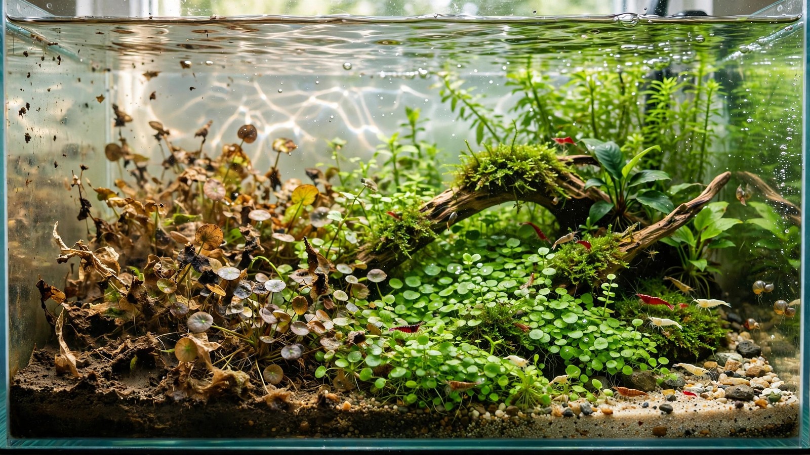 Melting monte carlo carpet with yellowing patches in aquarium