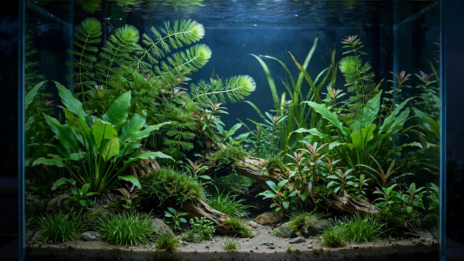 Planted aquarium glowing softly under dim blue moonlight LEDs at night