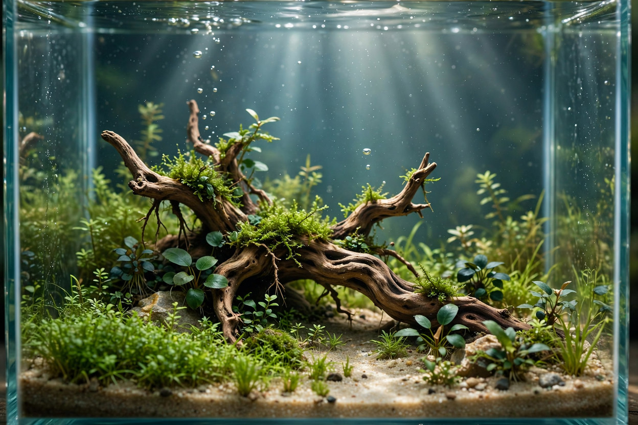 Small nano aquarium with miniature aquascape and tiny driftwood