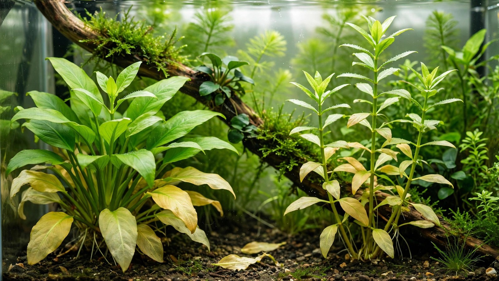 Aquarium stem plant with yellowing old leaves from nitrogen deficiency