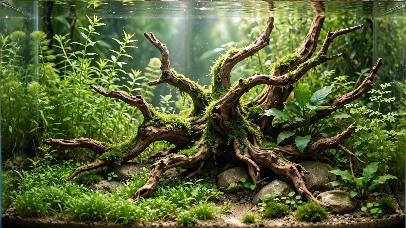 Single driftwood tree aquascape with moss canopy, epiphytes, and carpeted foreground