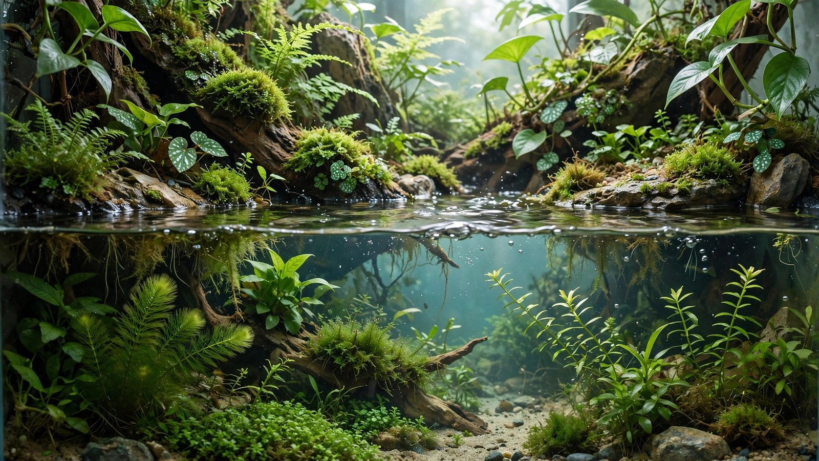 Lush paludarium with waterfall, emergent crypts at the waterline, ferns above, and planted water below