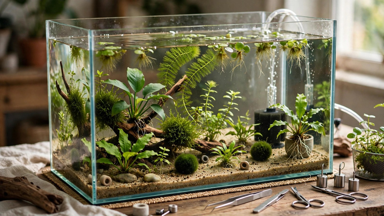 Small quarantine tank with new aquarium plants under observation