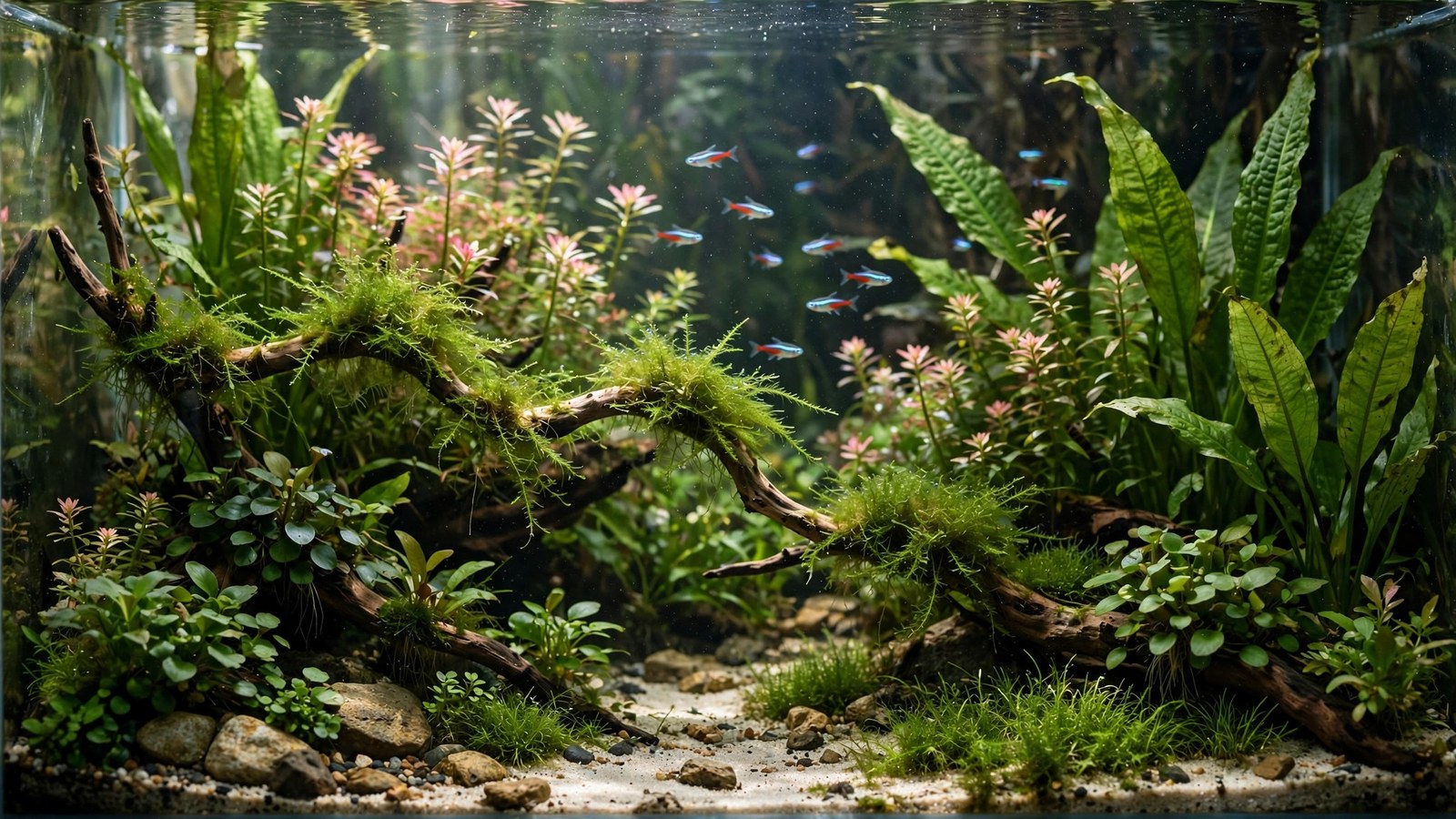 School of neon tetras glowing blue and red over dark substrate among Amazon swords