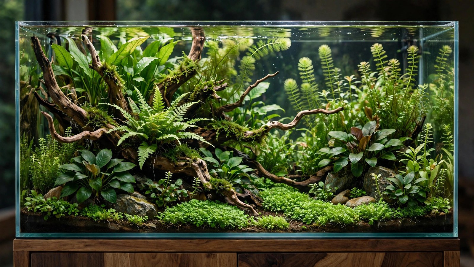 Large 75-gallon planted display tank with driftwood, schooling fish, and layered aquascape
