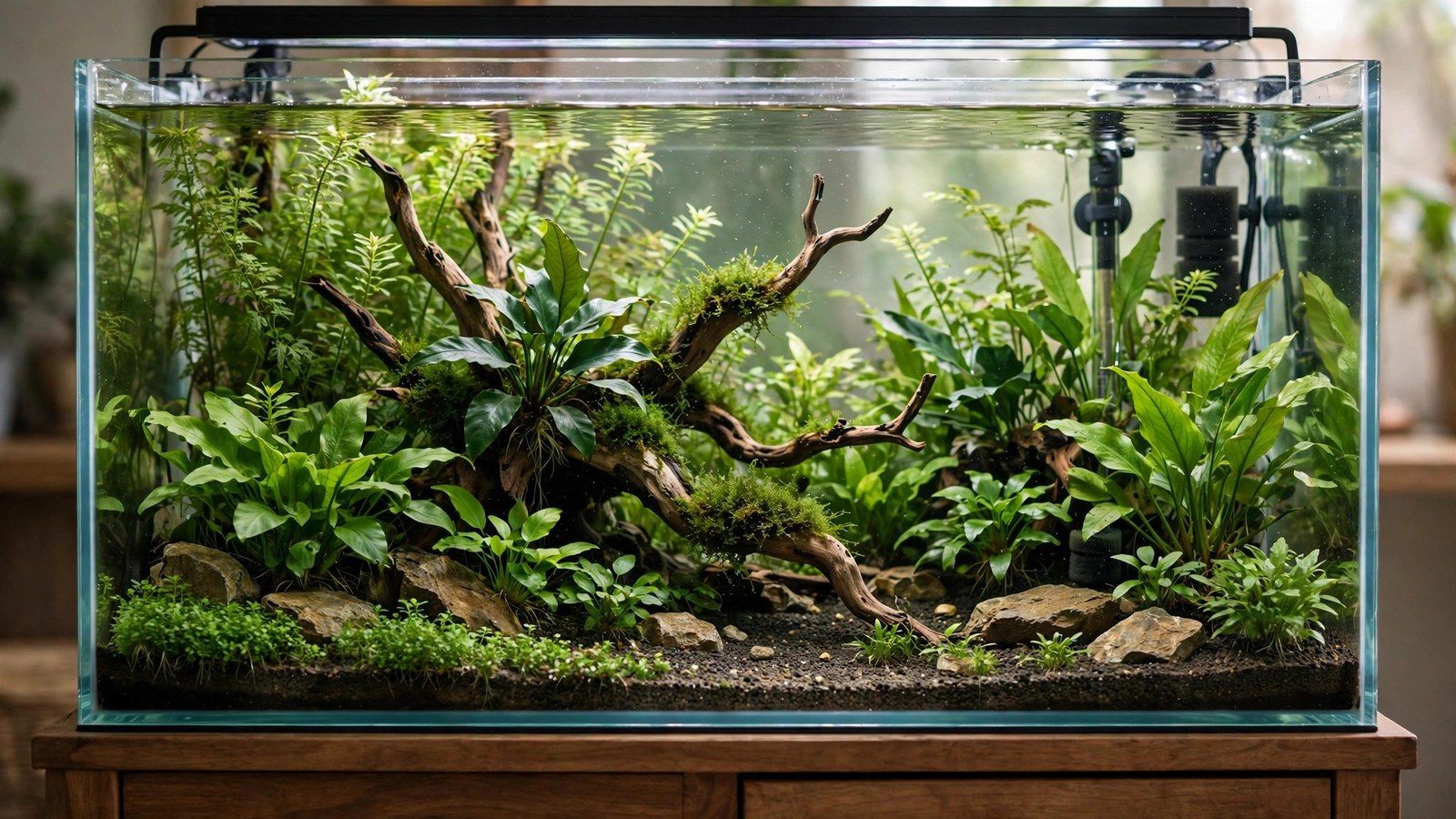 Planted 10-gallon aquarium with betta, driftwood, anubias, and dwarf sagittaria carpet