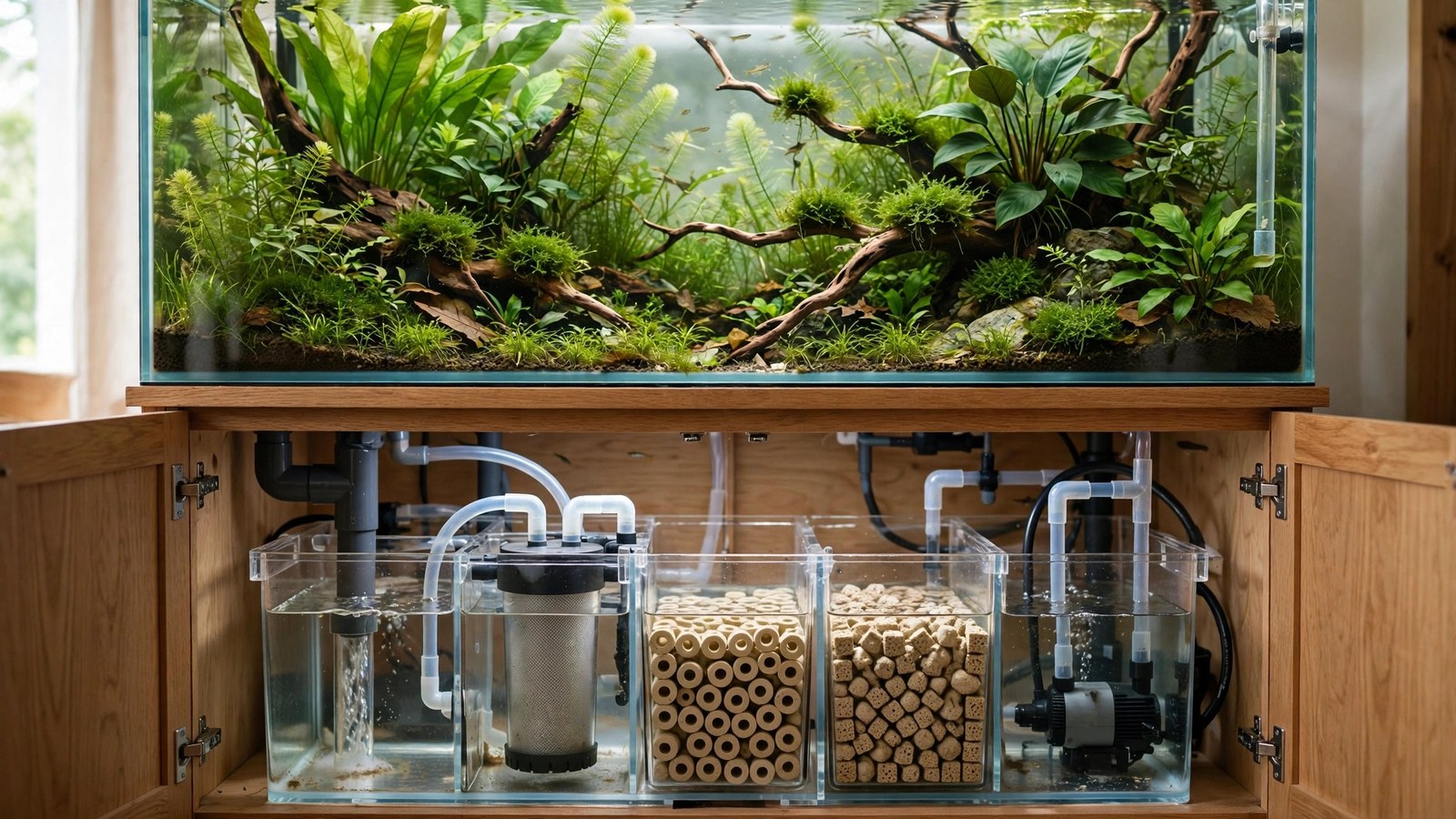 Aquarium sump with filter socks, bio media, and lit refugium under a planted display tank
